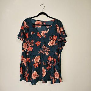 EUC Plus size Torrid short sleeve blouse  Teal green and orange floral print